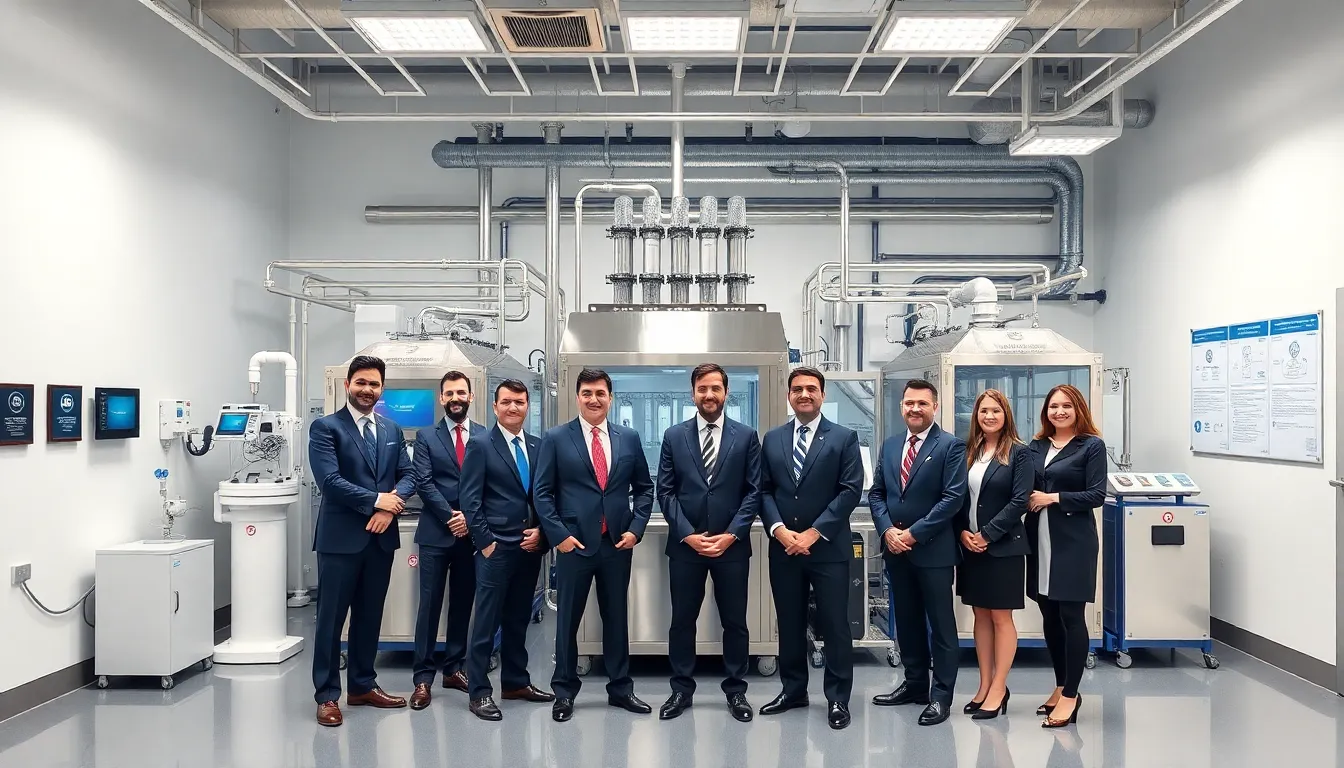 engineers in a cleanroom with electronics grade filtration equipment and digital monitors