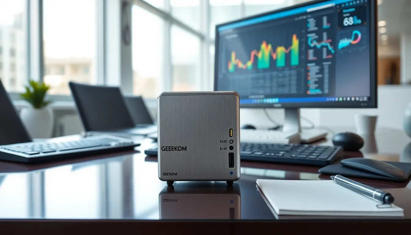 mini ai computer on a modern office desk with monitor and accessories