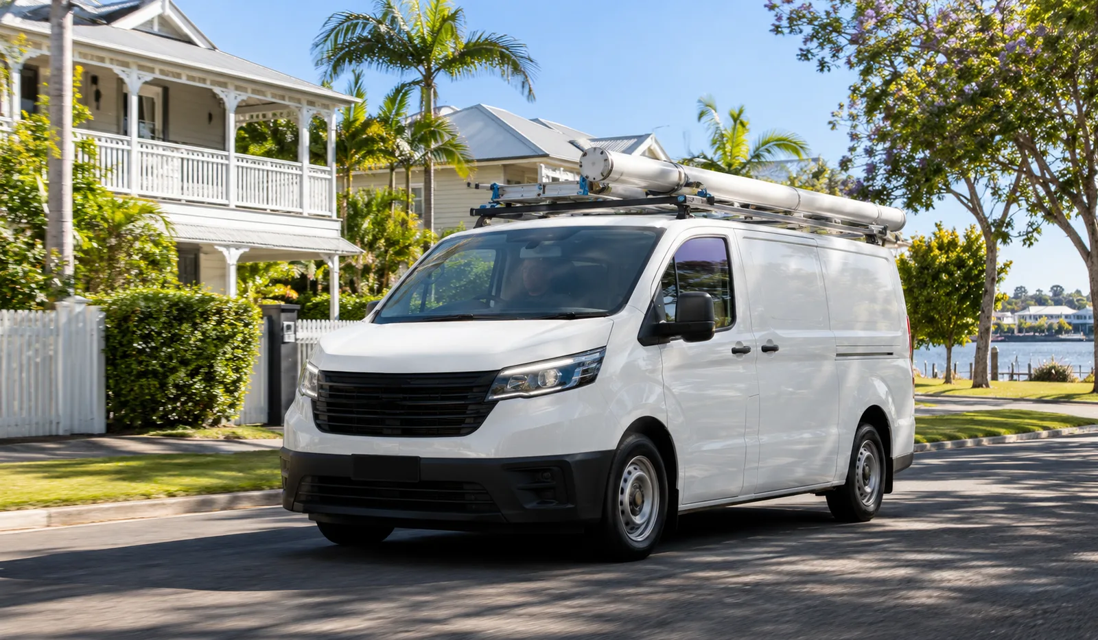 Plumber driving a white service van through the streets of Bulimba Brisbane