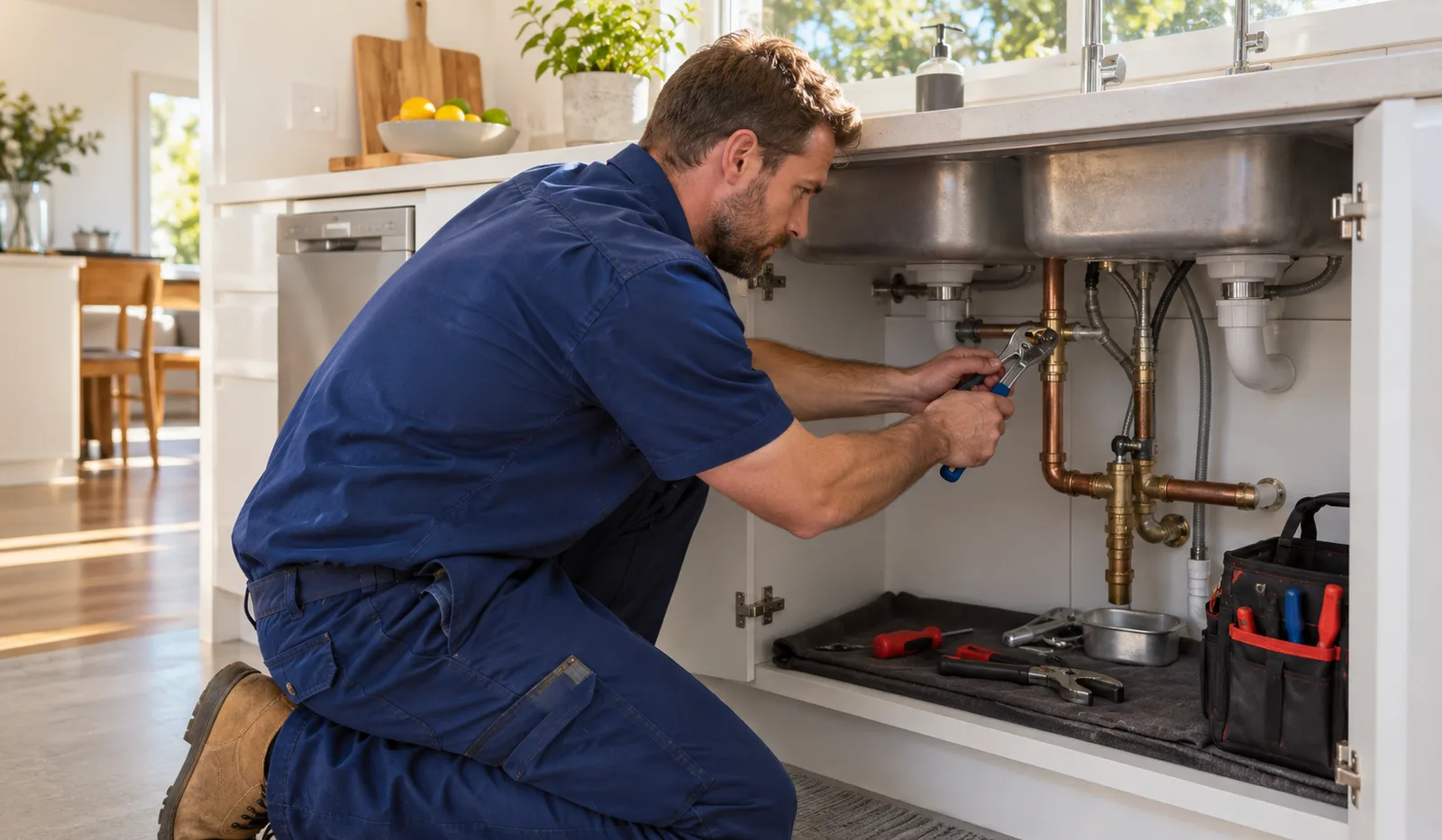 Plumber repairing pipes under a kitchen sink in a Bulimba Queensland home